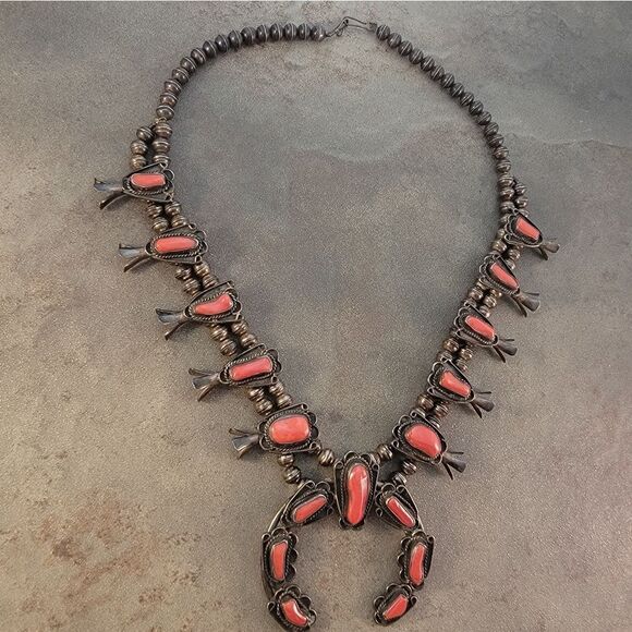 Vintage Navajo 1960's Red Coral Squash Blossom Necklace - Picture 3 of 11
